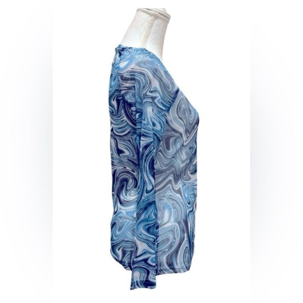 Kate Kasin long sleeve sexy sheer blouse in a blue marble print. Medium - Picture 3 of 3